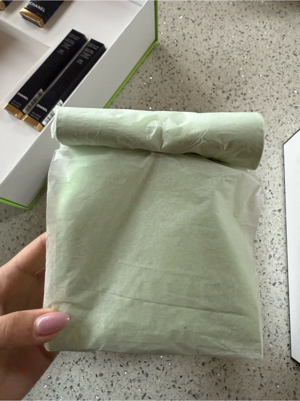 CHANEL White Lime Green Trim Mini Gift Bag